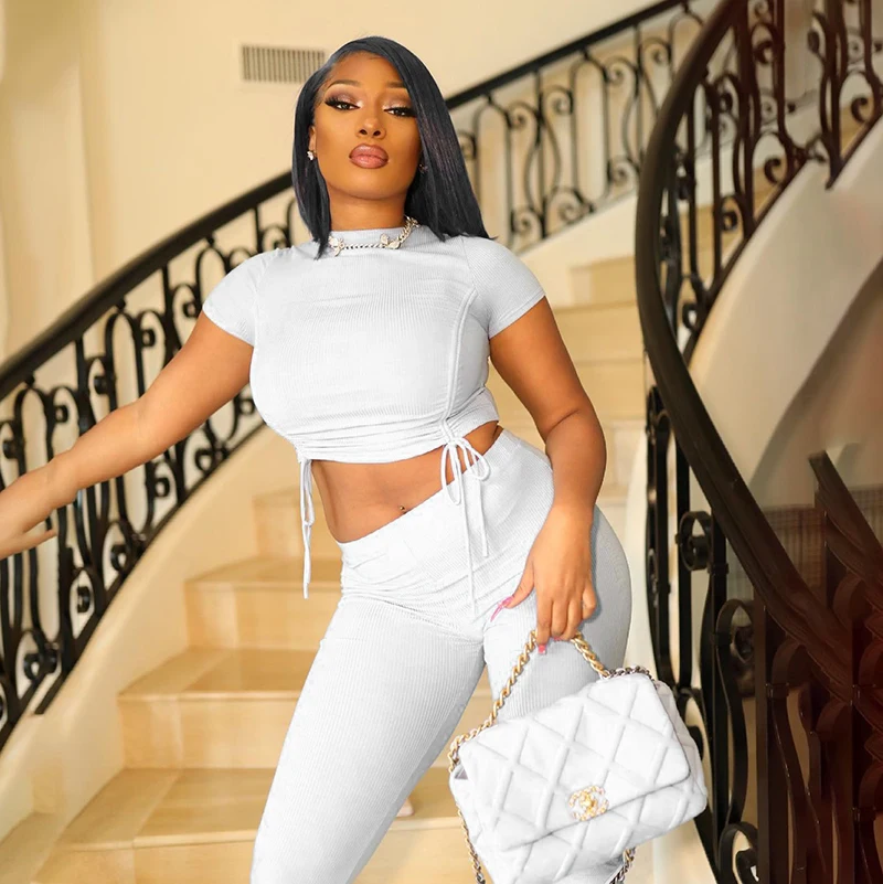 

Bomblook K21ST172 Casual 2 Piece Set Women Clothing 2021 New Arrival Short Sleeve Bandage High Waist Skinny Pant Activewea