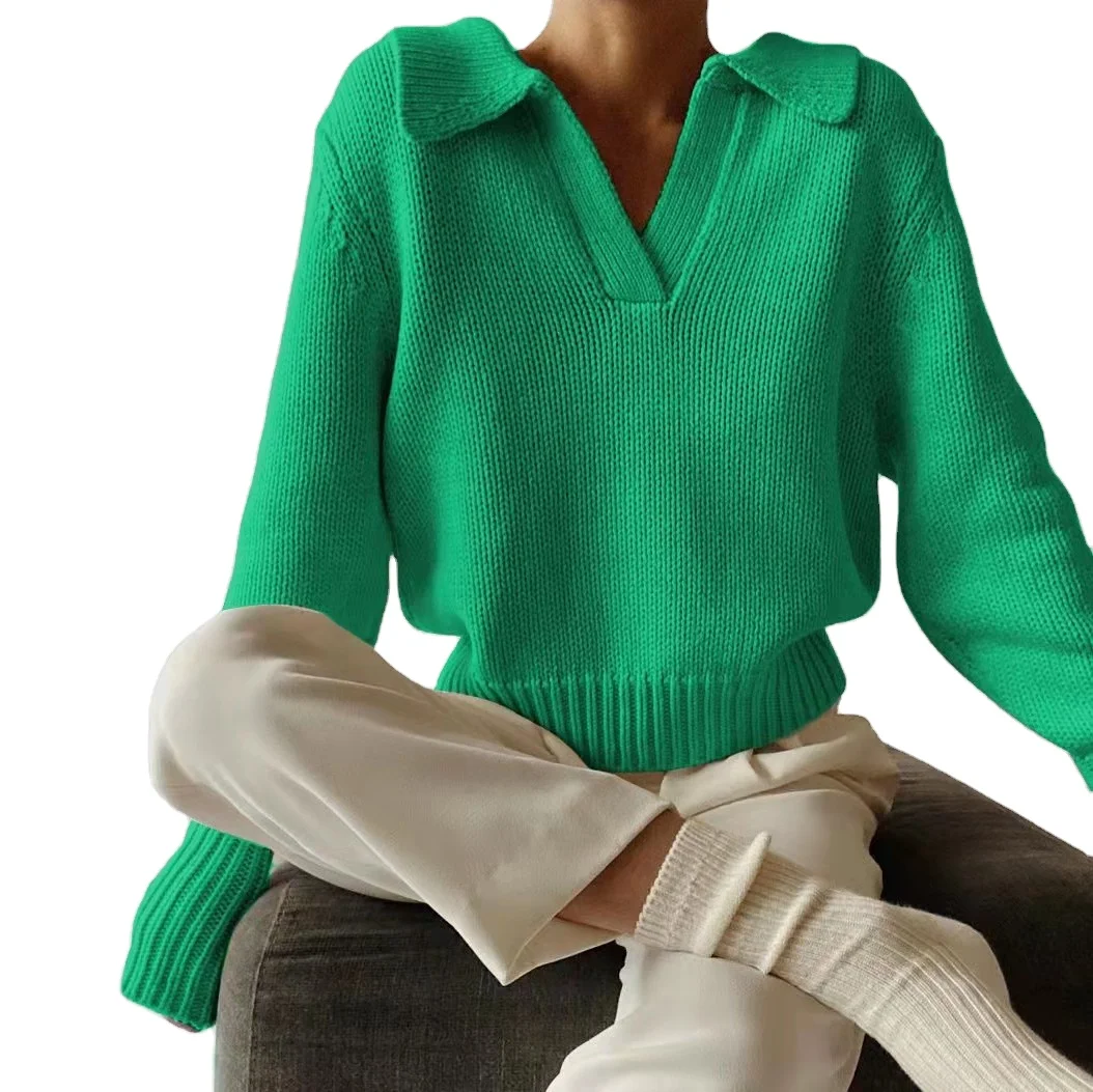 

High Quality Dresses Stand Collar V Neck Fall 2021 Women Clothes Trendy Tops Knit Sweater