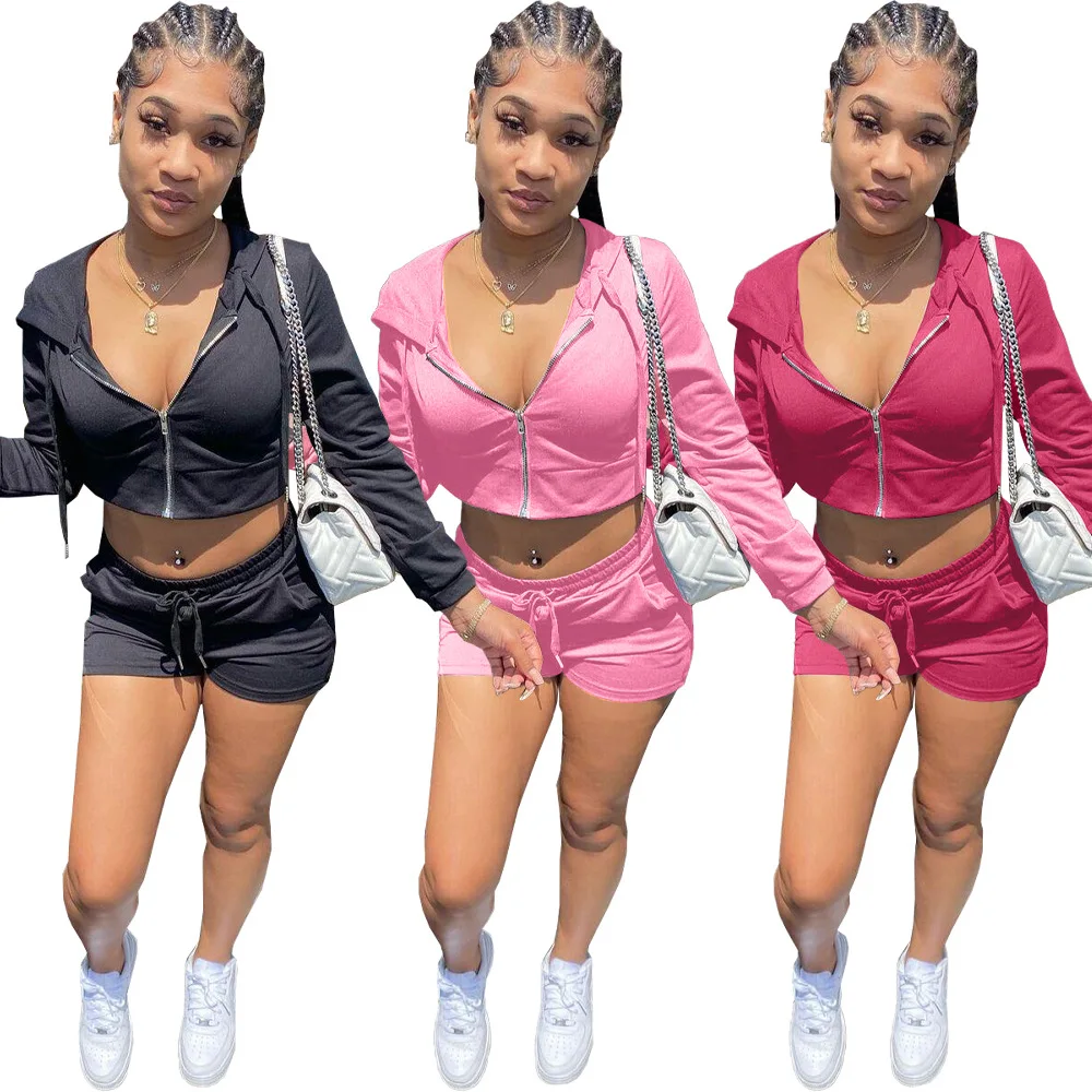 

hoodie shorts set casual custom track suit zip up private label sweat suits long sleeve women shorts and hoodie jogger set