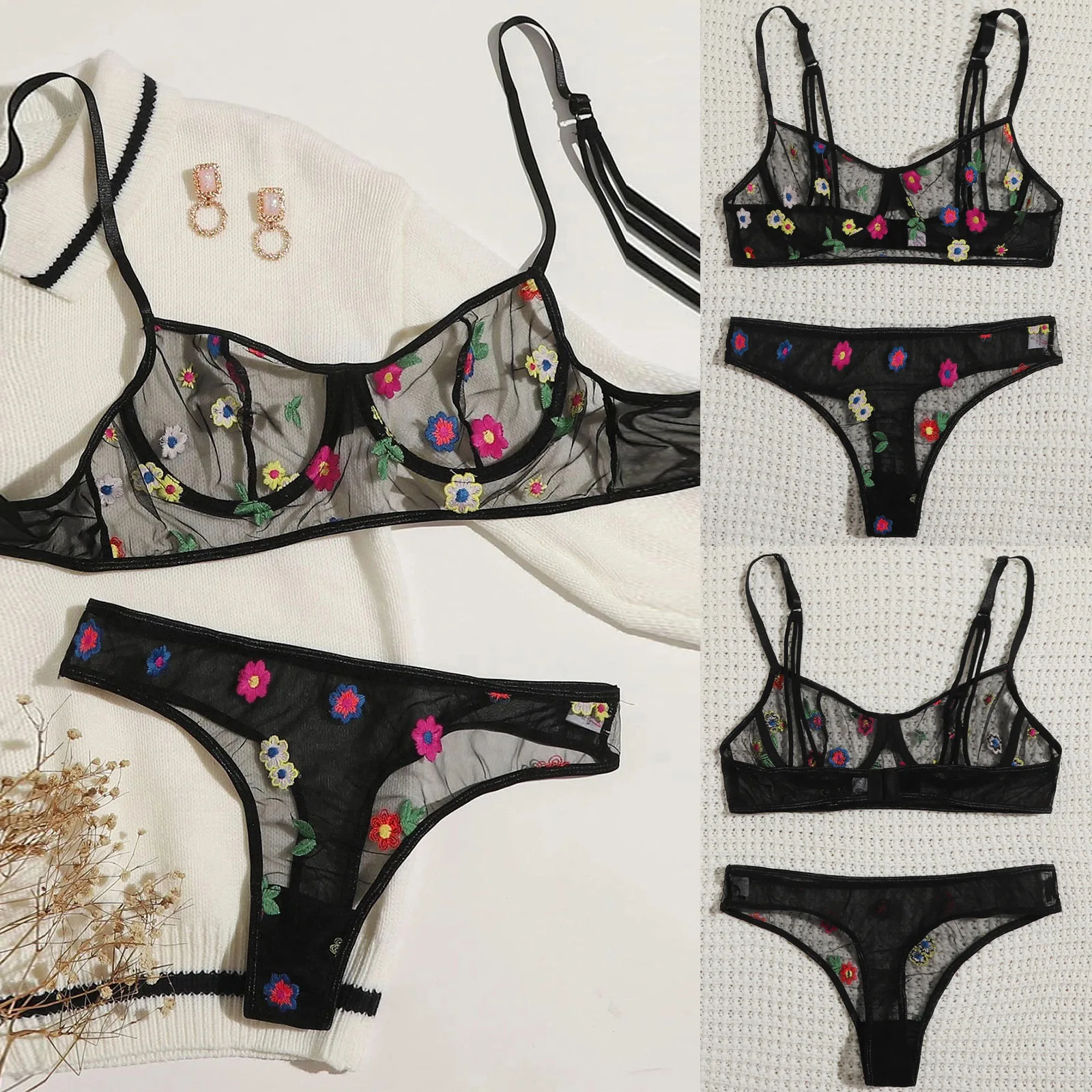 

Floral Pattern Mesh Underwire Lingerie Set For Sexy Women SL2102322-SLM-QS