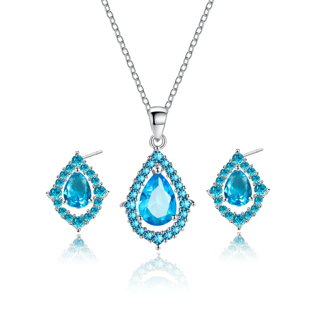 

Romantic Women Lady Party Wedding Jewelry Sets Full Zircon Water Drop Necklace Earrings Set
