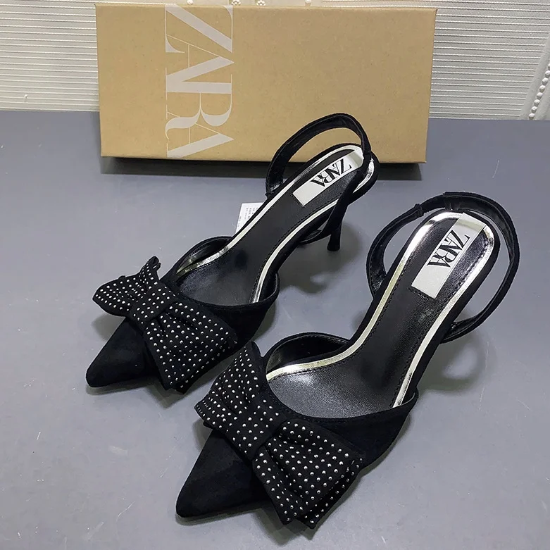 

114495 DEleventh shoes women heels Za brand custom quality ladies heel shoes rivet bow butterfly black heels women nice sandals