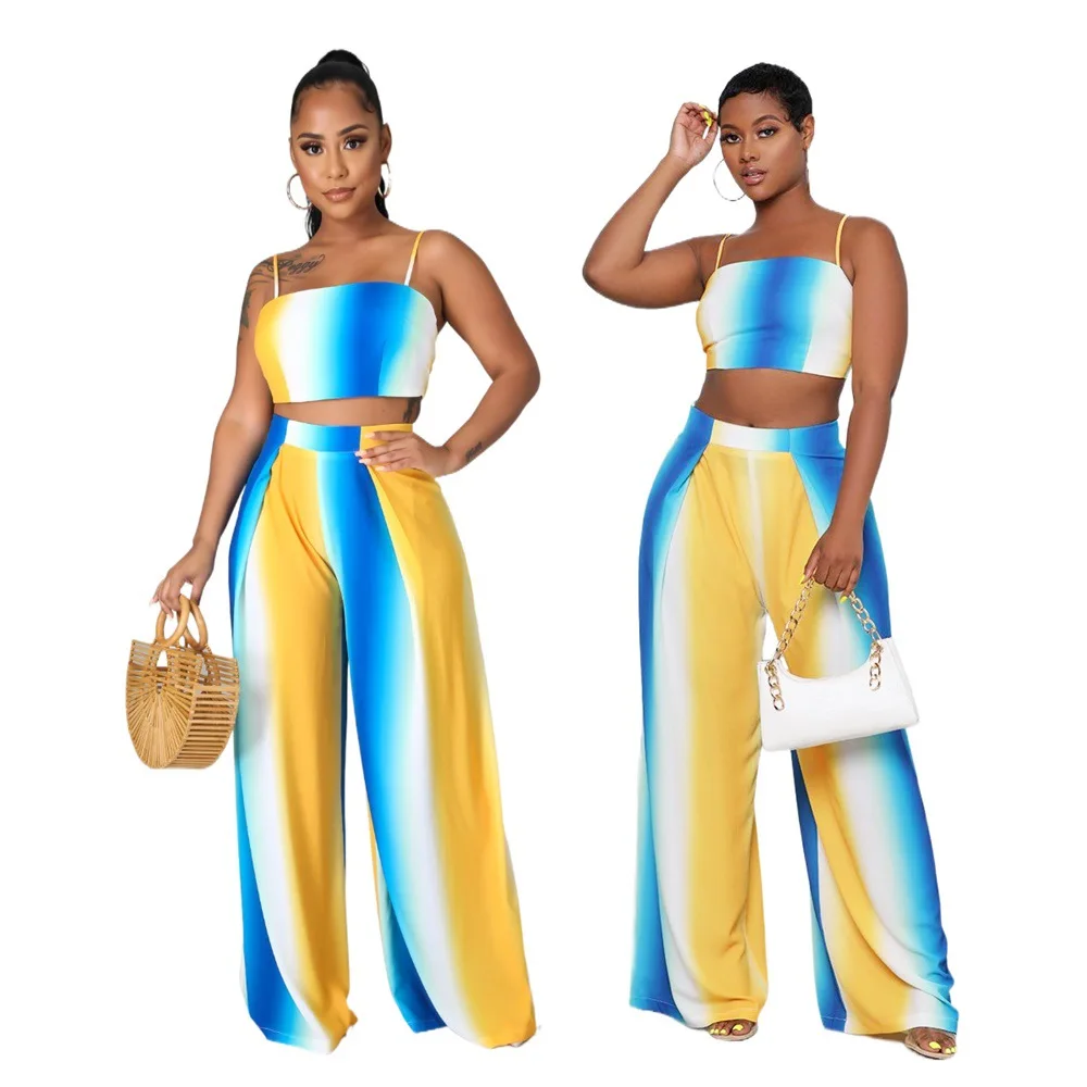 

2021 Hot Design Tie Dye Print Women Casual Backless Sleeveless Spaghetti Strap Bodycon Fall Crop Top 2 Piece Set, As picture show
