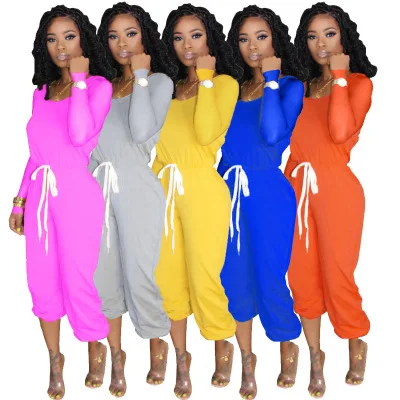 

B35221A 2020 Europe women clothing sexy pure color drawstring jumpsuit