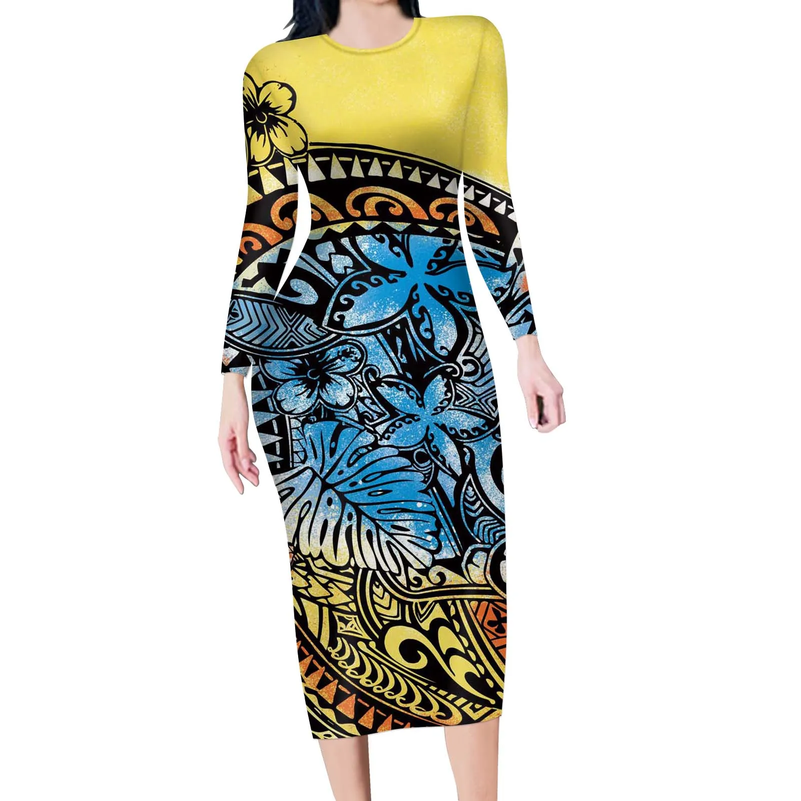 

Retro Style yellow/blue Dresses Polynesian Tribal hibiscus Sublimation print Long Dresses Women Party Sexy Clothing Dresses, Customized color