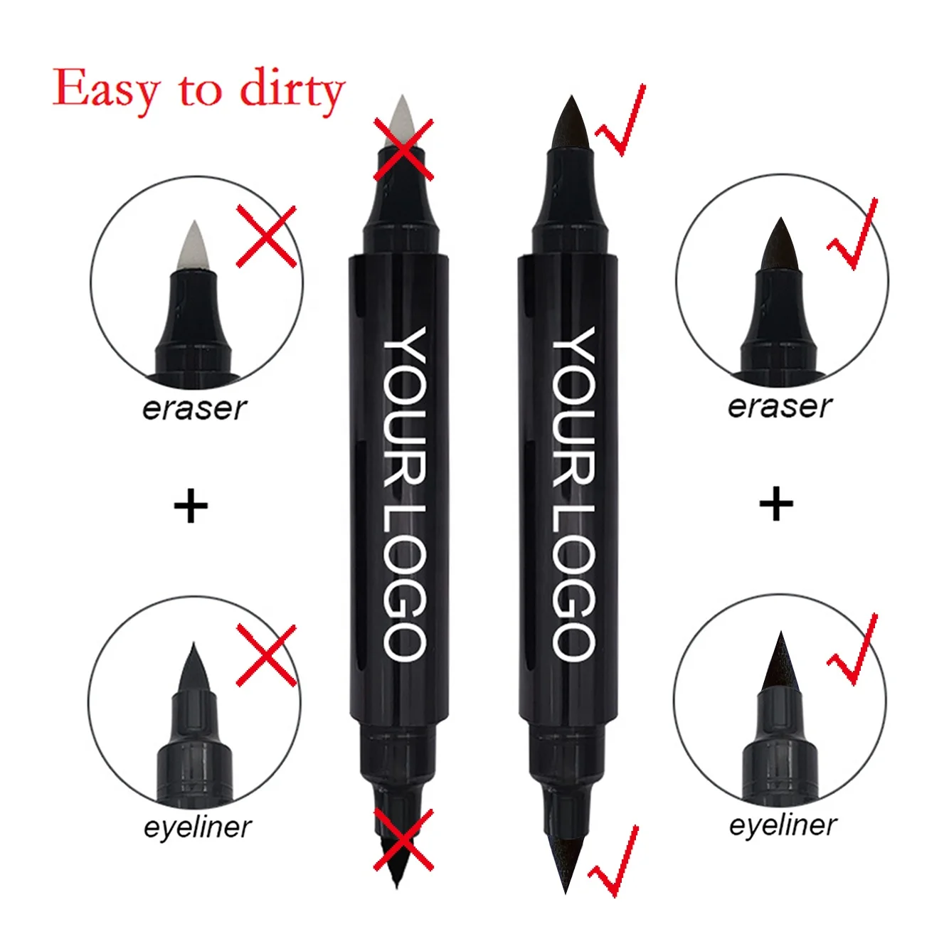 

100% authentic vegan no logo private label eyeliner double head 2 in 1 winged eyeliner stamp pencil with eraser