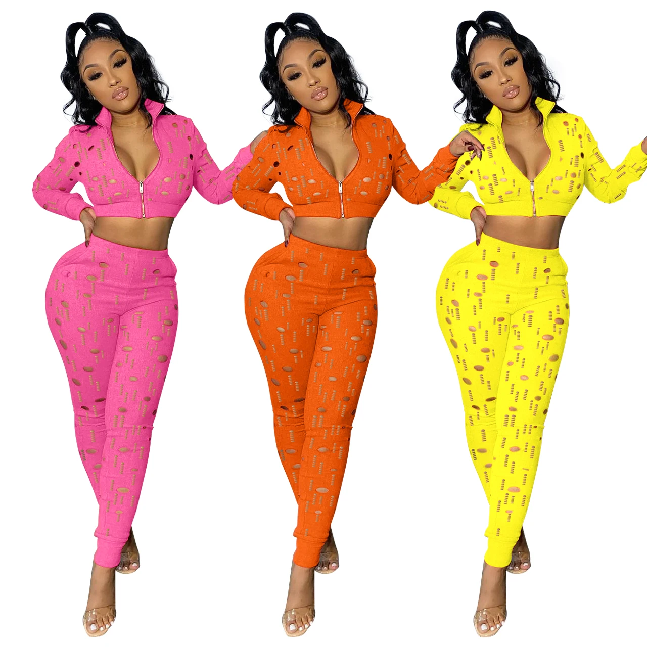 

2021 Women Yoga Set Two Piece Pants Set Outfits Tracksuits Fall Clothes Ladies Crop Tops 2 Piece Gym Leggings Women Holes, Printed