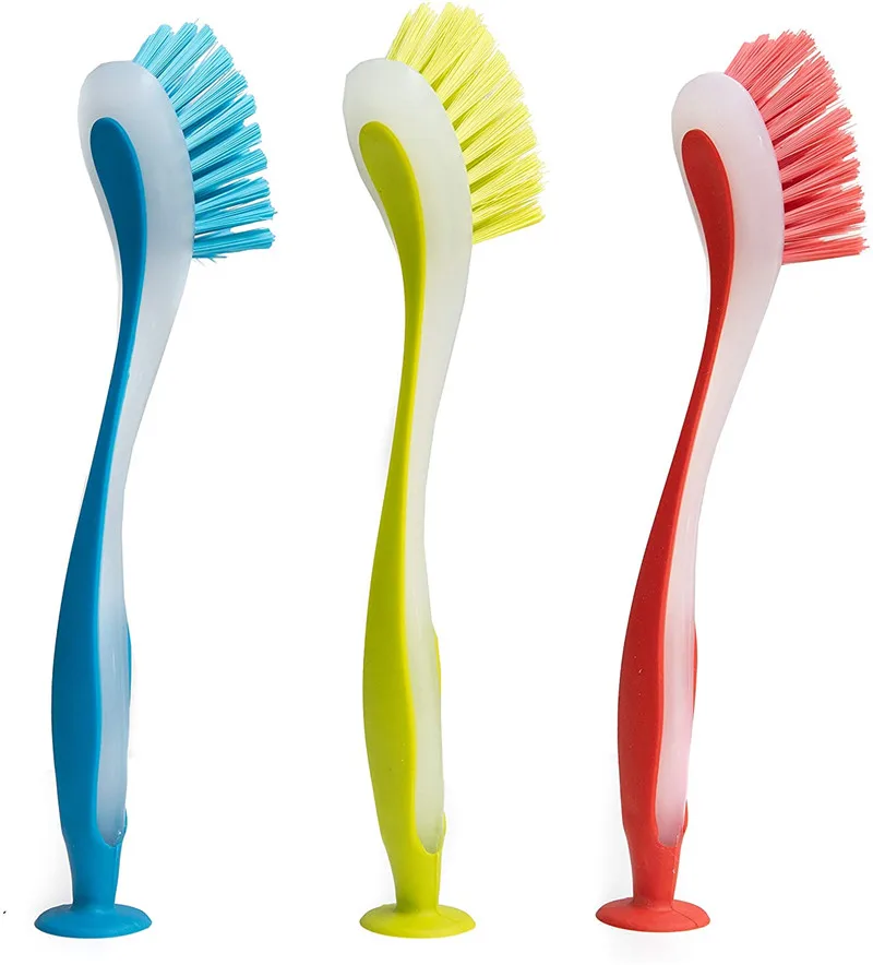 

Home Dish Scrubber Brushes Assorted Colors Dishwashing Brush with Soft Long Handle Scrubbing Brushes with Suction Cup Multiple