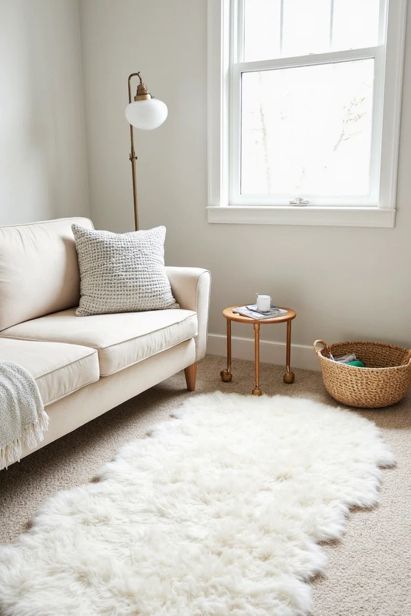 Neutral sofa paired with a white rug