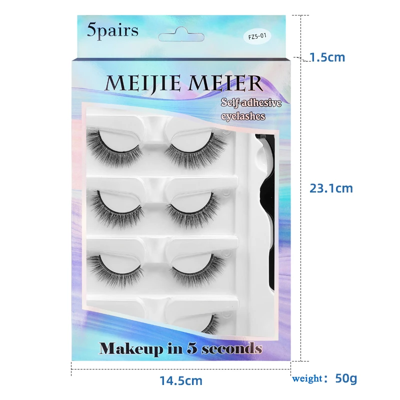 

J five pairs package one tweezers curler 3D self-adhesive false eyelashes set with clear plastic box, Natural black