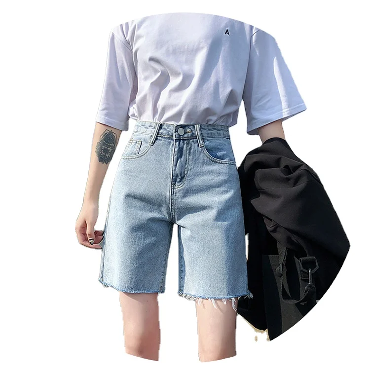 

2021 womens Straight high waist jeans shorts Korean style loose women jeans denim