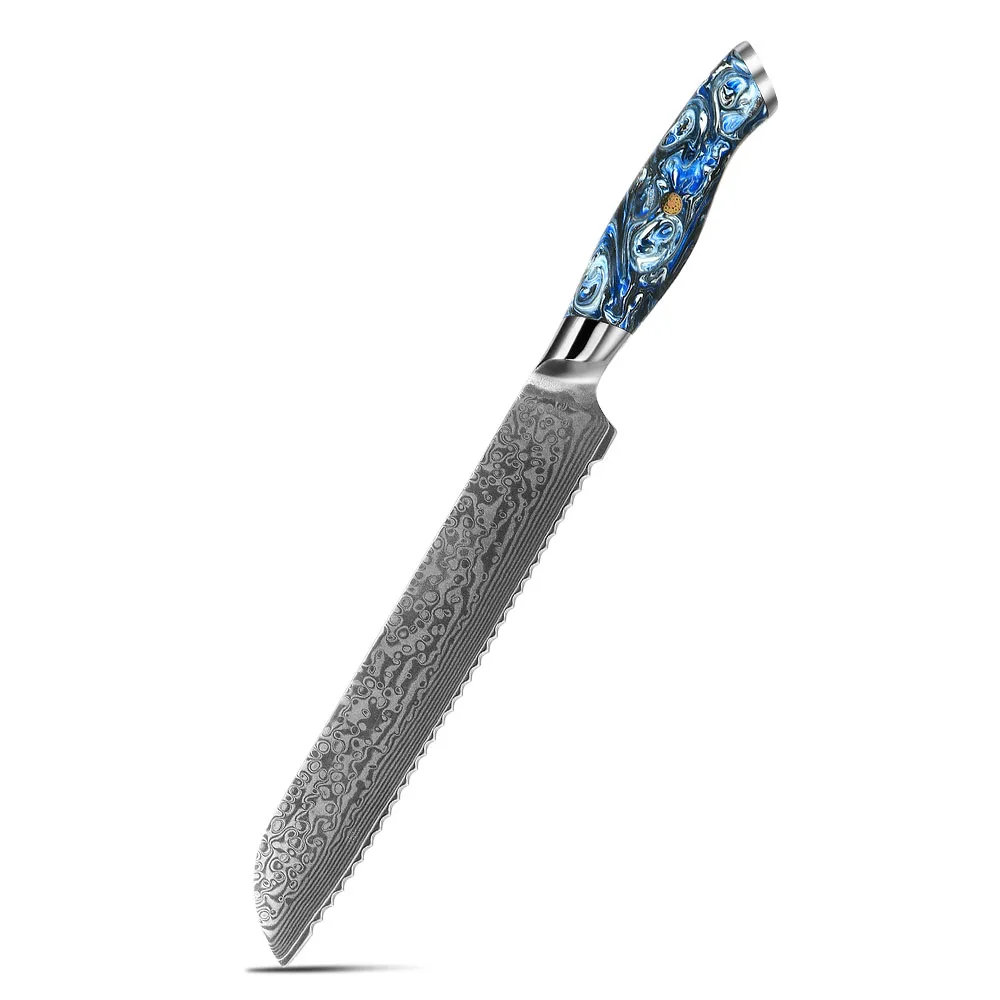 

Exquisite vg10 damascus 67 layer damascus kitchen serrated bread knife with blue resin handle