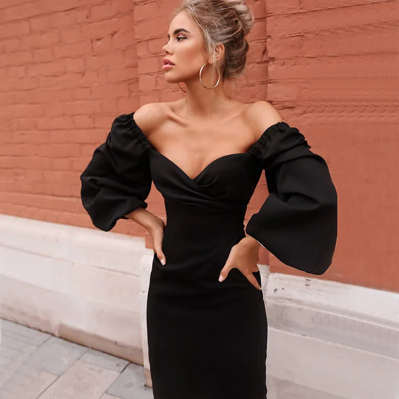 

Wholesale 2020 new fashion boutique women clothing off shoulder long lantern sleeve long slim fit party dress evening