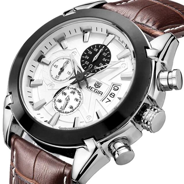 

Mens Military Chronograph Leather Sports Quartz Megir 2021 Watch