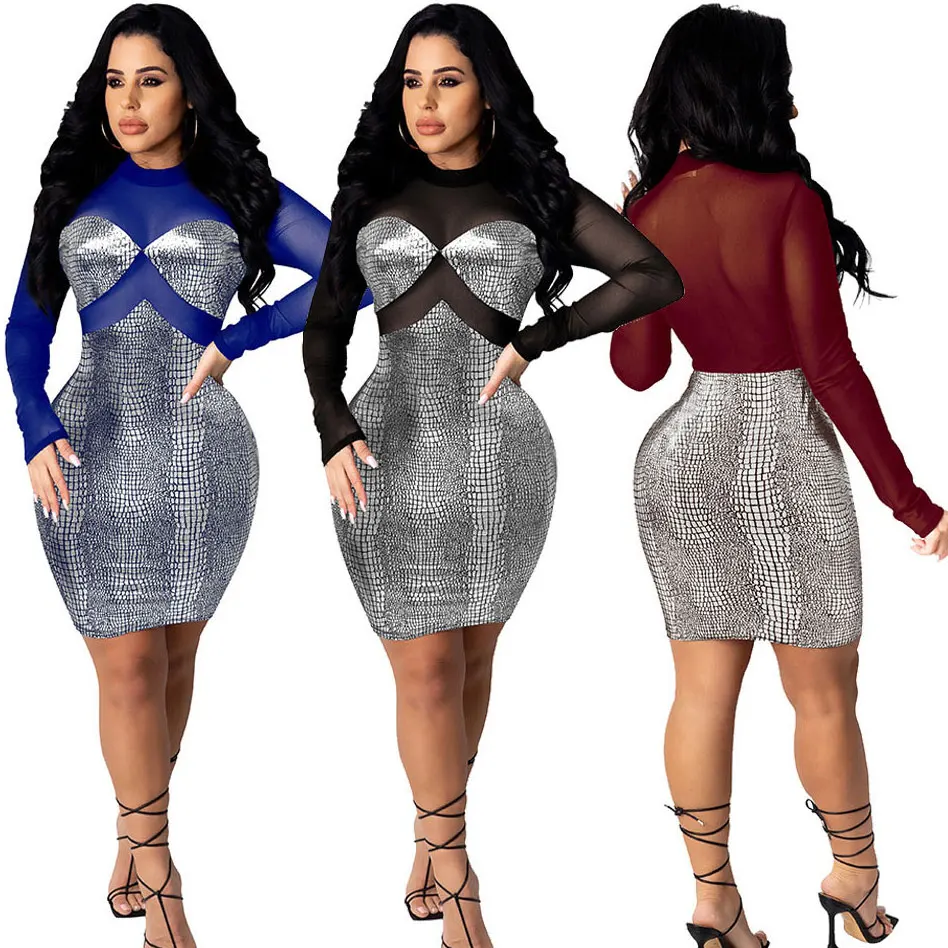 

FS3601A sexy see through patchwork bodycon party mini club dress women