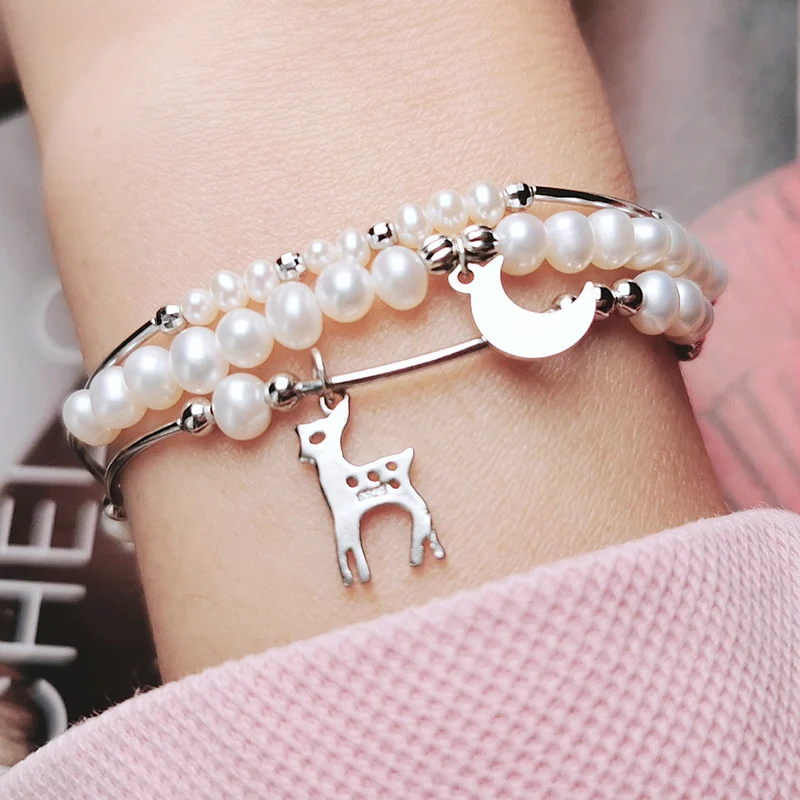 

4A high quality fresh water pearl and 925 silver beads bracelet deer charms bracelet beads bracelet with charms, White