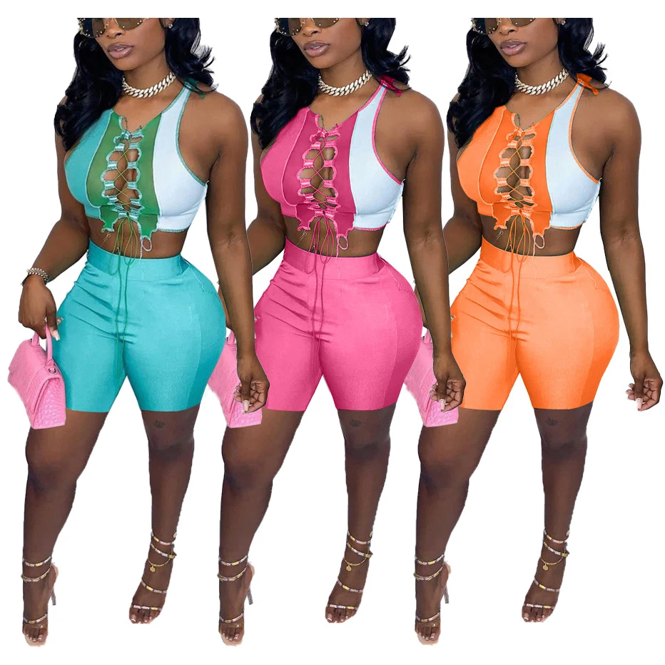 

FS2941D summer Color Blocking 2 piece set outfits sexy bandage crop tops and shorts sets for women