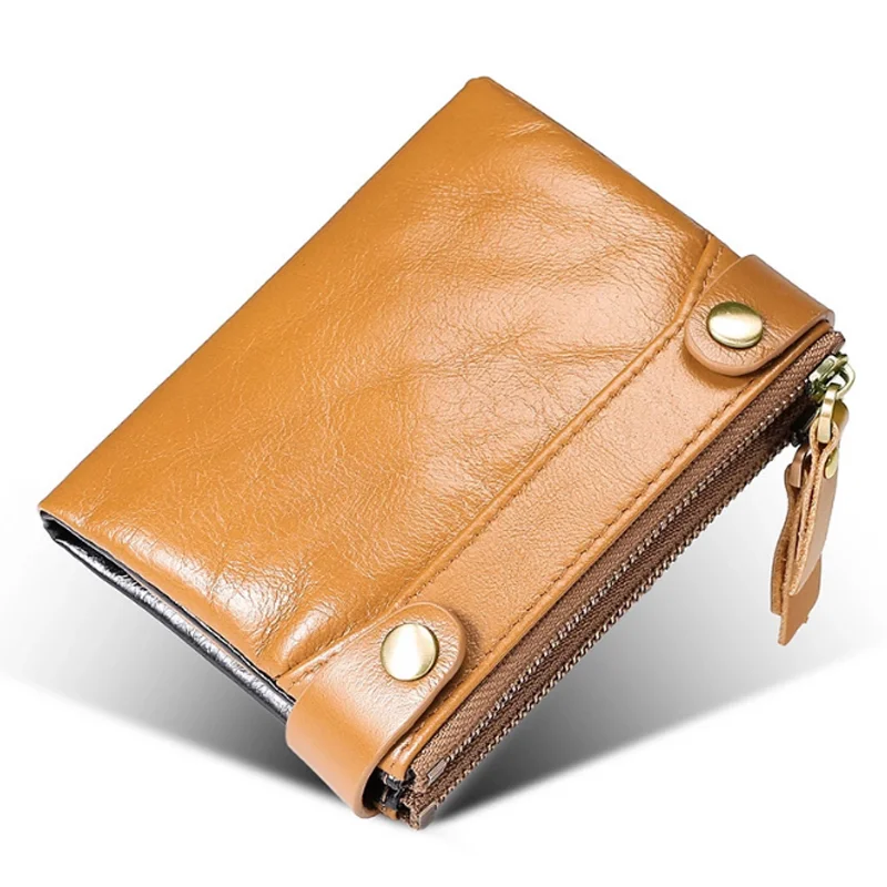 

RFID blocking top grain leather casual men's coin purse wallet double buckle zipper wallet for men