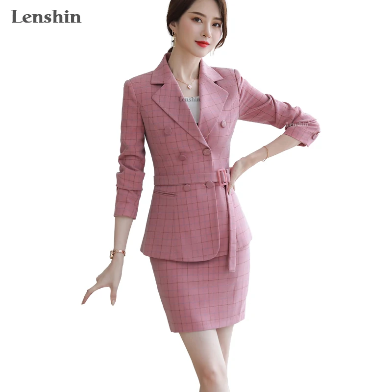 

Wholesale 2 Piece Suit Set Women Plaid Skirt Suit Double Breasted Blazer with Sashes Belt Office Lady Uniform Business Designs, Pink, coffee