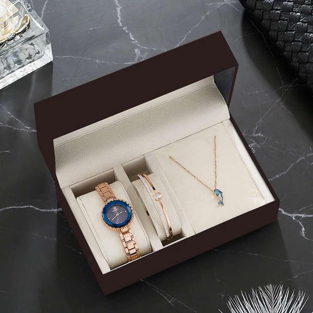 

In stock female rose gold minimalist gift set diamond necklace bracelet stainless steel watches ladies, As pic