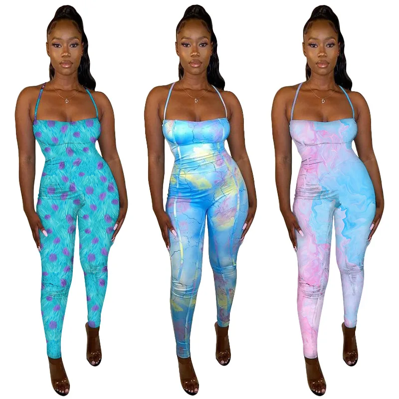 

QC186 2021 New sleeveless casual printed tie dye jumpsuit bodycon sexy club tights yoga jumpsuit in patchwork colors rompers