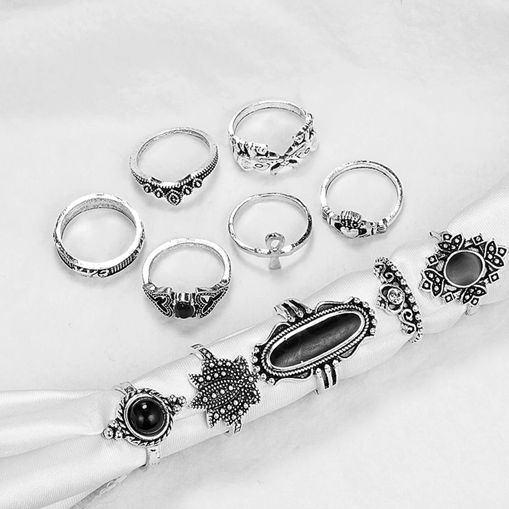 

11PCS/Set Bohemian Vintage Silver Black Gemstone Elephant Lotus Crown Cross Stackable Finger Rings Set Women Knuckle Ring