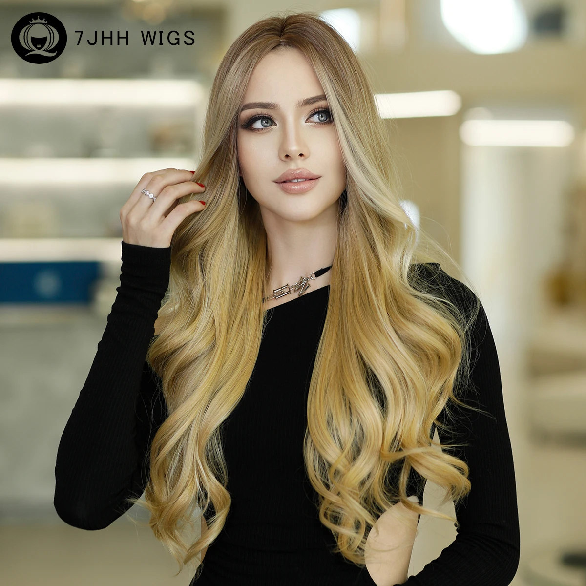 

Long Ombre Blonde Wavy Wig for Women 26 Inch Middle Part Curly Wavy Wig Natural Looking Synthetic Heat Resistant Fiber Wig