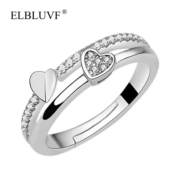 

ELBLUVF S925 Silver Plated Jewelry Double Heart Shape Zircon  Ring Jewelry