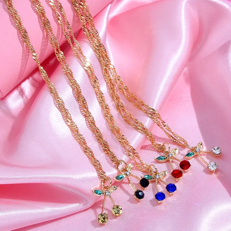 

Korean Fashion Sweet Jewelry Bling Gold Silver Plated Fruit Rhinestone Crystal Cherry Pendant Necklace For Women Girls