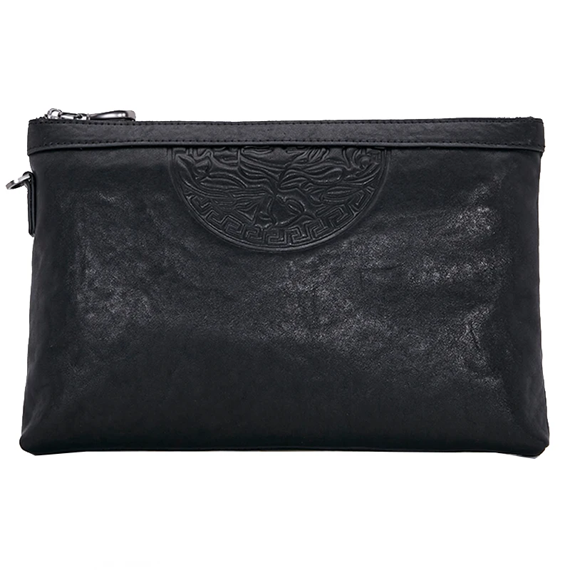 

men three-dimensional embossed decorative clutch large capacity natural high-quality first layer cowhide bags, Black
