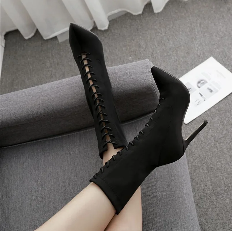 

101871 New arrival high heels pointed toe lace up boots for women, Black apricot