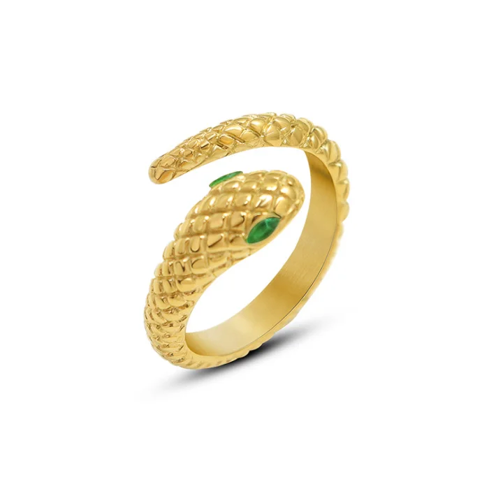 

Delicate Stainless Steel Gold Snake Ring Christmas Jewelry Adjustable Silver Color Green Eye Snake Head Shape Ring for Gifts