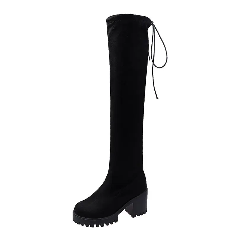 

Women Round Toe Black Long Boot Pu Suede Chunky Heel Over The Knee Thigh High Boots
