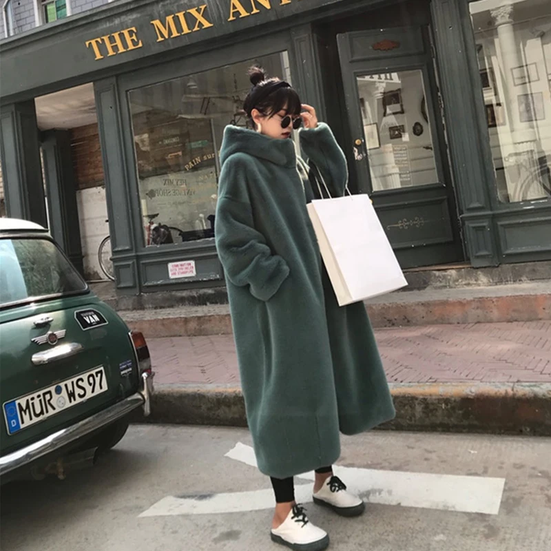 

Winter Warm Thick Coat Hooded Ladies Artificial Mink Fur Overcoats Loose Long Coats Faux Mink Coat