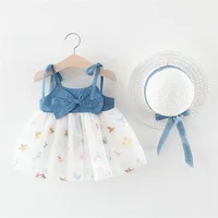

Boutique Kid Clothes 2020 New Infant Kids Baby Girl Summer Denim Suspender Princess Tutu Dress With Hat 2pcs