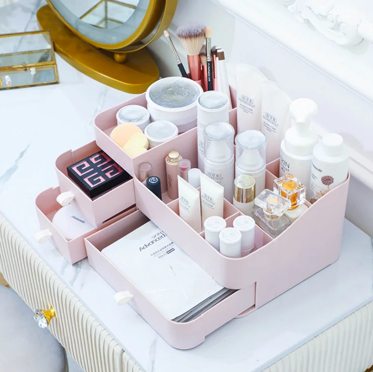 

New PS plastic table cosmetic makeup organizer storage beauty box, White/pink