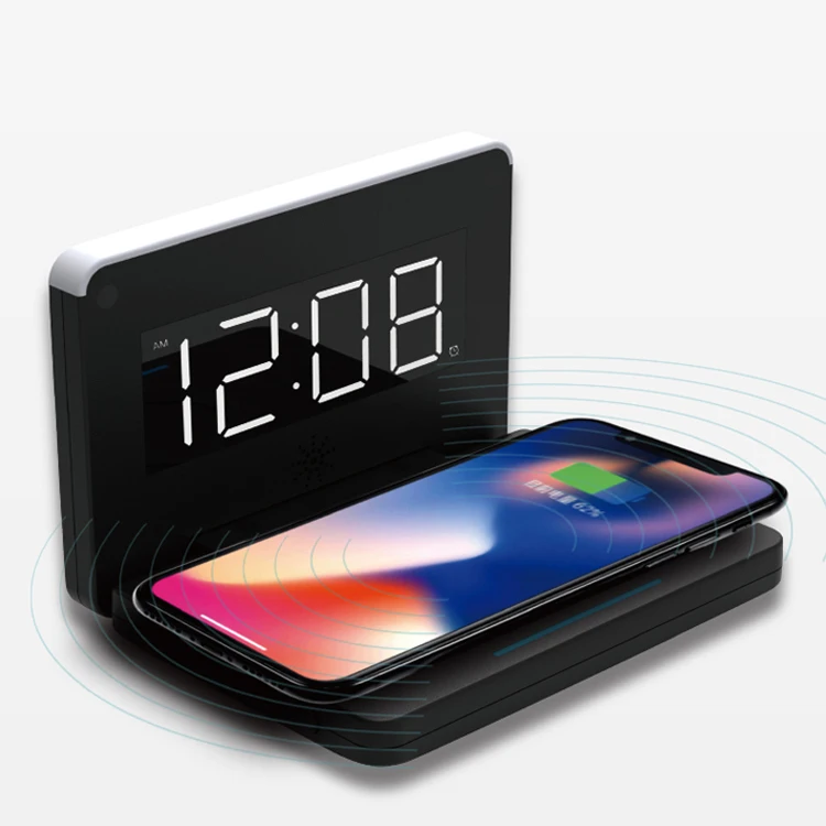 

In Stock 10W Fast Qi Wireless Charger for Mobile Phone LED Digital Display Foldable Alarm Clock, Black
