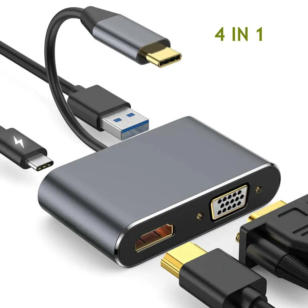

Custom High Speed 4 IN 1 USB C Type-C To HDMI 4K VGA PD Fast Charger USB 3.0 Audio Video Adapter, Grey