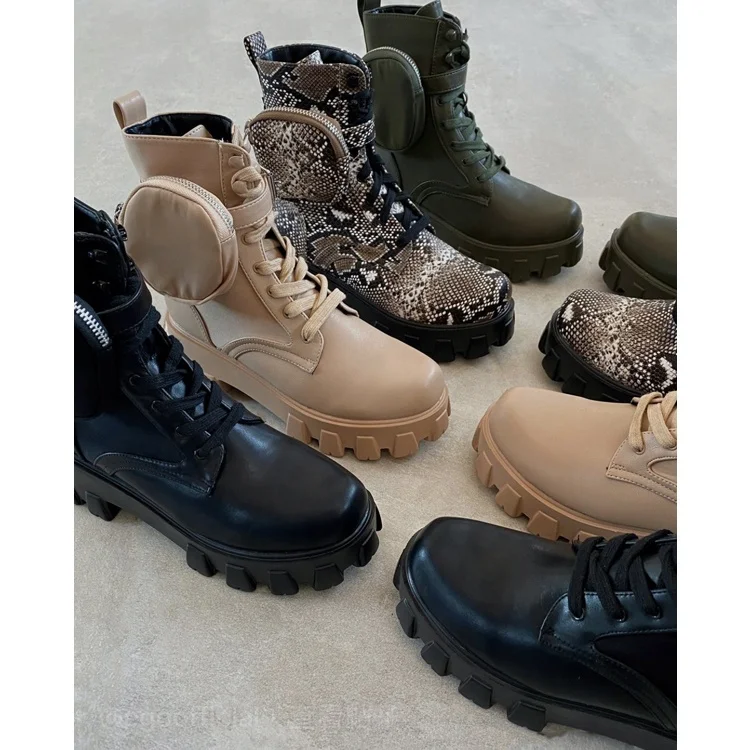 

Women Pocket Boot Ladies Platform Shoe Lace Up Female Buckle Strap Black Chunky Sole Pouch Ankle Boots, Wine red, black, beige, army green