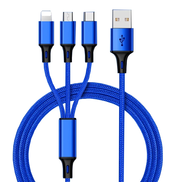 

wholesale 3 In 1 USB Cable Nylon Braid Fast Charging Cable Type C Micro USB cable For Lightning, Black,silver,blue,red