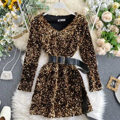 

Latest Women Fashion Sequin Mini Dress With Belt