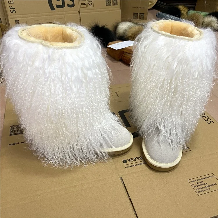 

2021 fashion winter lamb skin boots long hair real white curly mongolian sheep fur boots cover high knee, Many kinds of colors