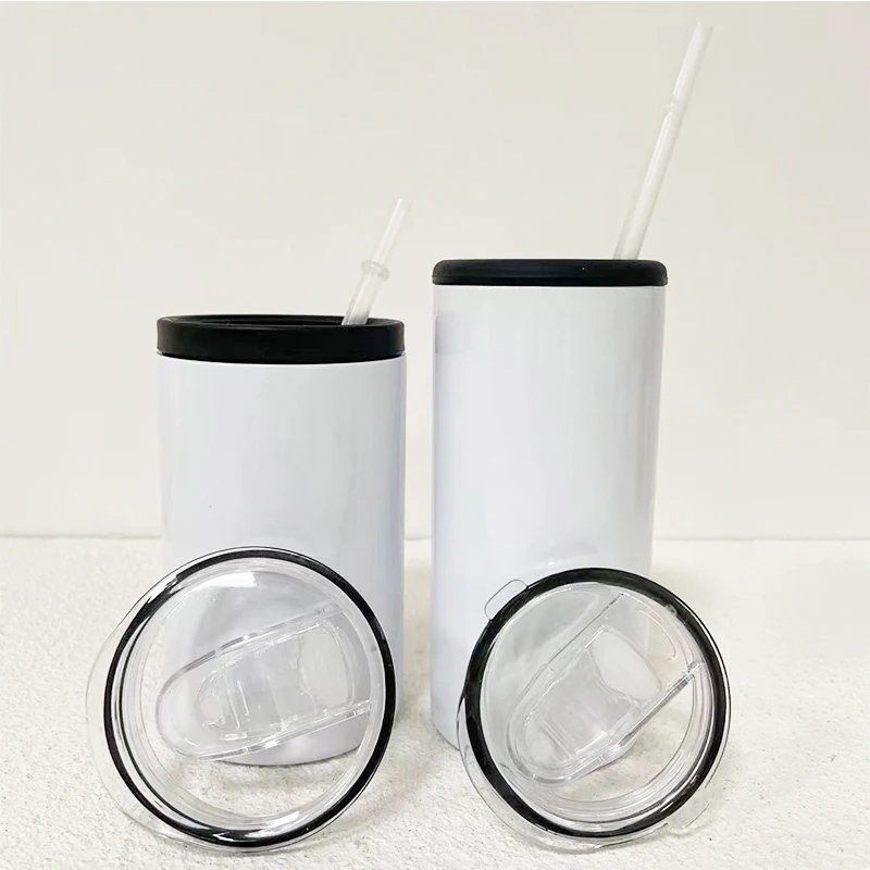 

White Sublimation 2 in 1 12oz Straight Tumbler Cola Can Cooler Stainless Steel Double Wall Vacuum Car Coffee Mugs with Dual Lids