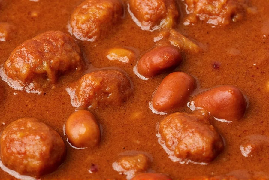 Close-up of Texas chili showing tender meat chunks and rich red sauce without beans