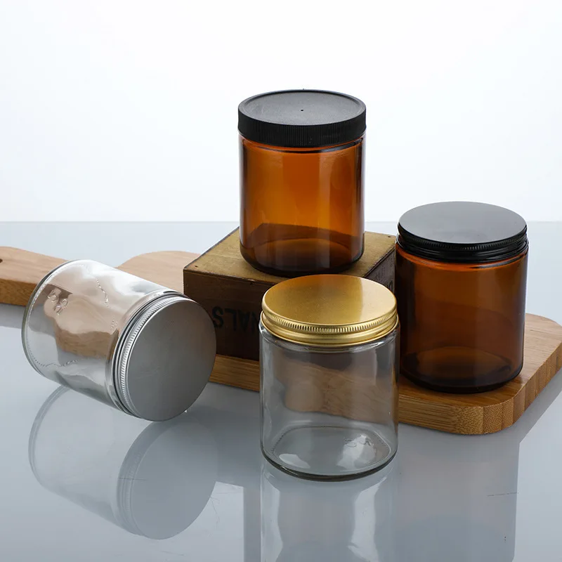 D7.2*H8.8cm Custom Logo 250g Round Amber Transparent Jar Glass Empty Candle Jars With Aluminum Cap