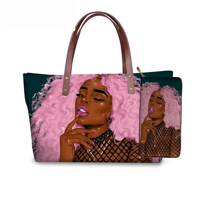 

Small MOQ Custom Neoprene Afro Girls African American Women Black Art Print Purses and Handbags Women Bags Handbags Sets