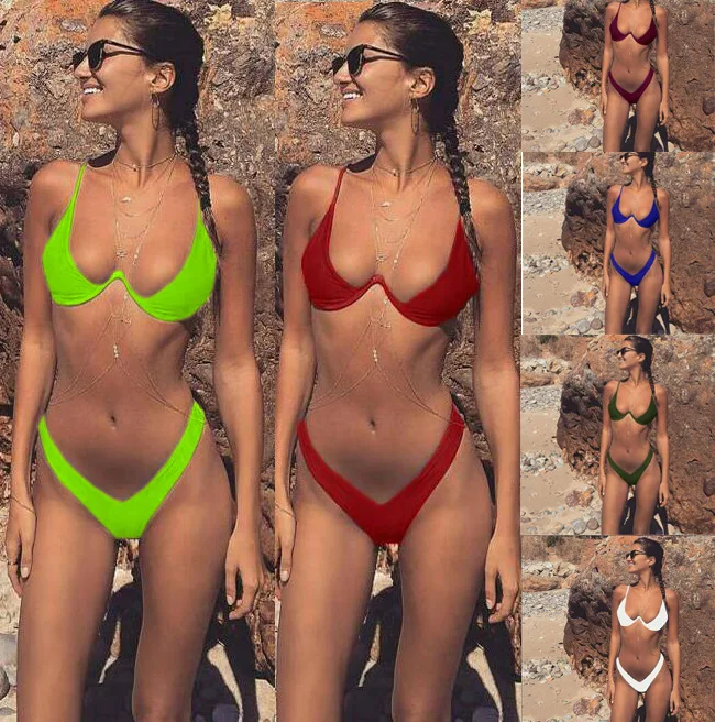 

2020 AMAZON Bikini Sexy Padded bind Brazilian Two piece Tankini swimwear women Solid color Summer Bikini swimsuit Beachwear, As customized