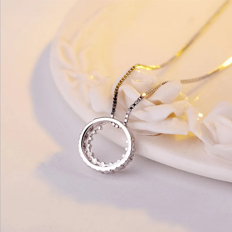 

JX New Fashion Jewelry 925 Sterling Silver Circle Necklace Geometric Cubic Zirconia Hollow Ring Pendant Necklace For Women