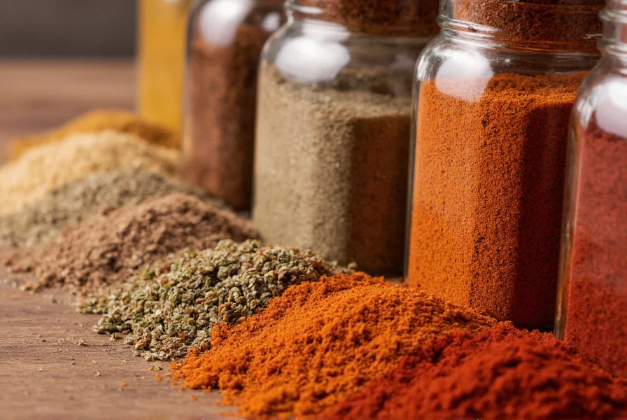 Close-up of various spice jars including cumin, coriander, and chili powder arranged on wooden table