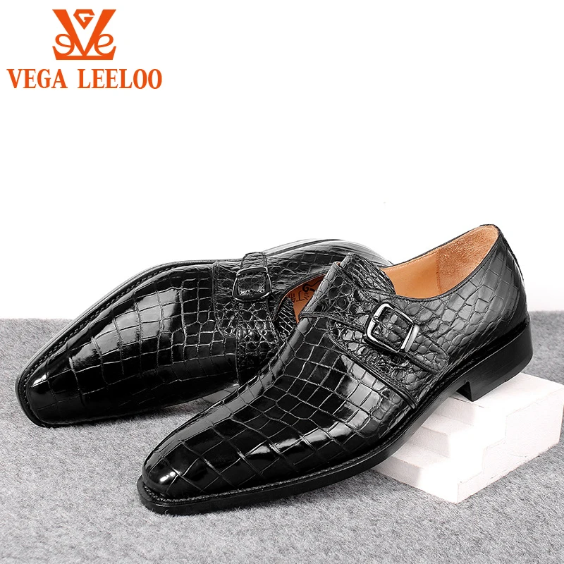

Classic monk strap Goodyear welted craft handmade shoes genuine crocodile leather bespoke men dress shoes, Black